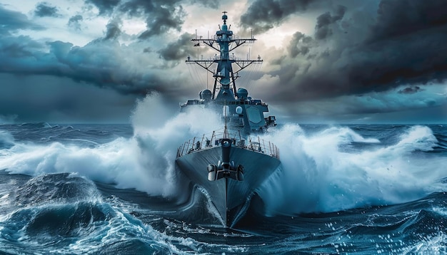 A large navy ship is sailing through rough waters by ai generated image