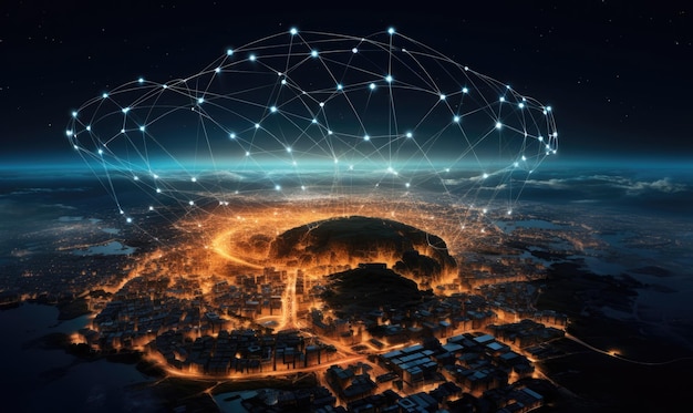 A large network over a city at night