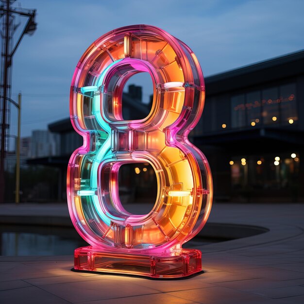 a large number 8 is lit up in colorful lights