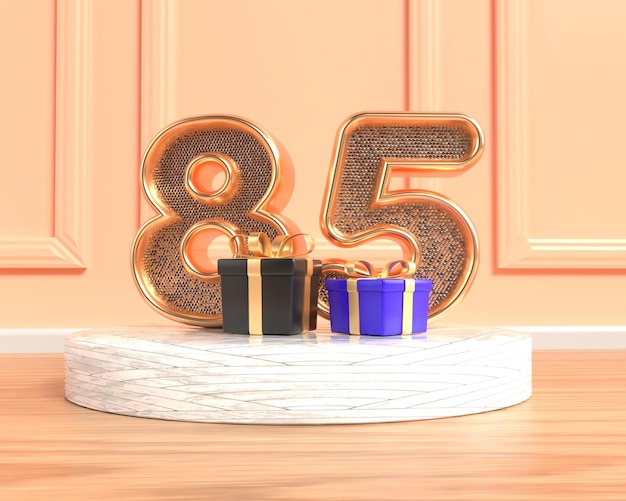 A large number 85 and 5 on a pedestal with a gold base.