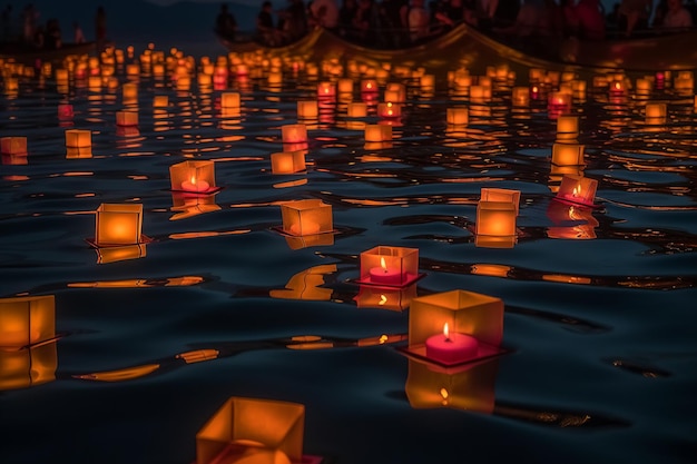 A large number of candles are lit up in the water.