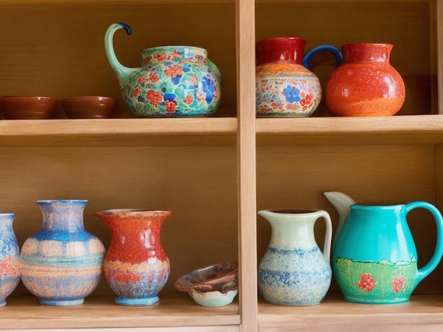 大量の陶器の瓶が棚に並べられている