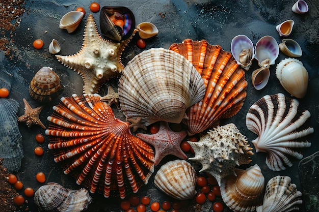 Large number of different shells lie on dark surface Photo from above