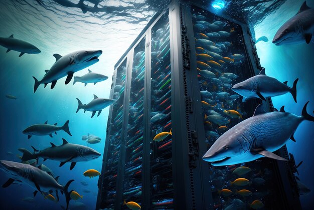 Photo a large number of fish are swimming in a large server.