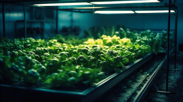 A large number of green leafy vegetables grow on trays in a green house