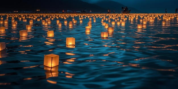 A large number of lanterns floating in the water