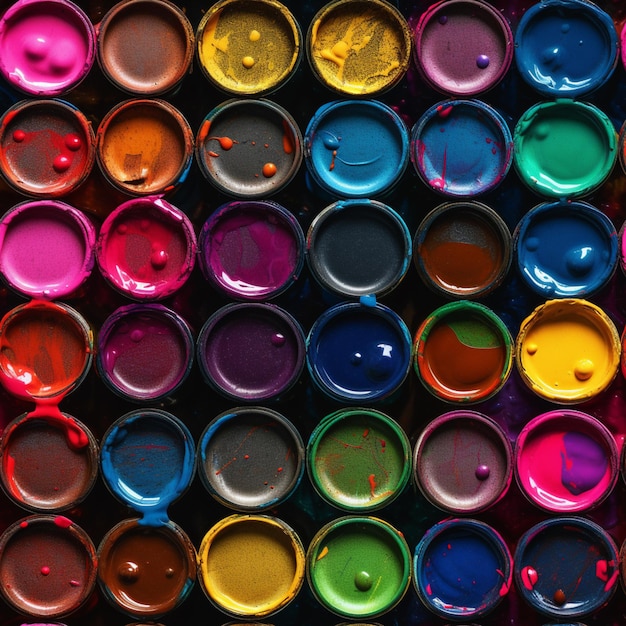 A large number of paint cans are in a row.