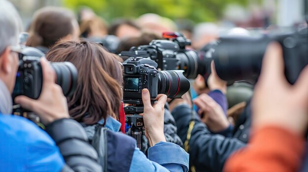 A large number of paparazzi and journalists with cameras are filming the event Horizontal format