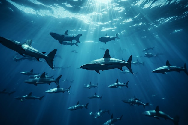 A large number of sharks are swimming in the ocean.