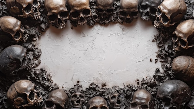 A large number of skulls arranged in a circle on top of each other ai