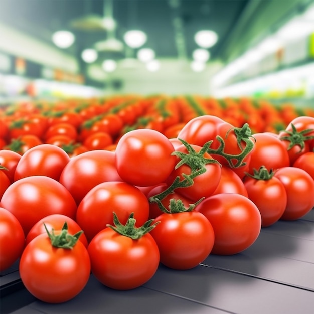 A large number of tomatoes on a conveyor belt