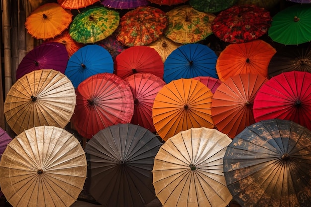 A large number of umbrellas are on display in a room