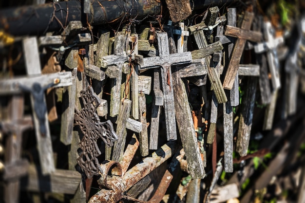 A large number of wooden crosses and crucifixes at the Hill of Crosses in Siauliai, Lithuania. Hill of Crosses is a unique monument of history and religious folk art