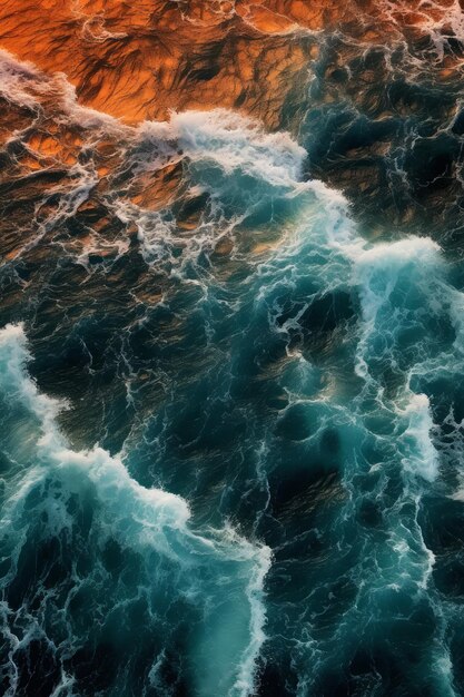 Large ocean in orange and red is seen from above