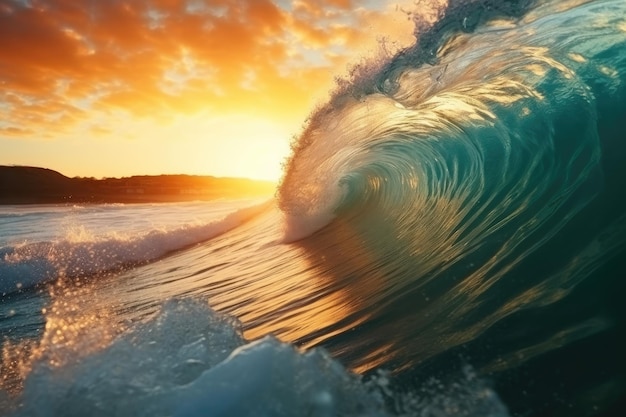 The large ocean wave hitting the shore at sunset Generative AI