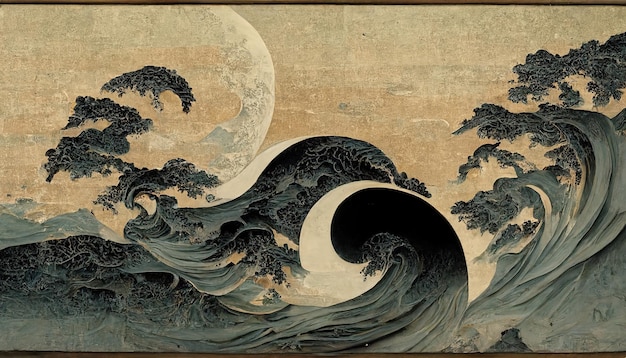 Большие океанские волны и луна, нарисованные в старом японском стиле