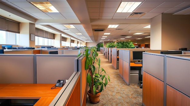 Foto un grande spazio per uffici con cabine e postazioni di lavoro le cabine sono disposte in file con ogni cabina con una sedia da scrivania e un computer