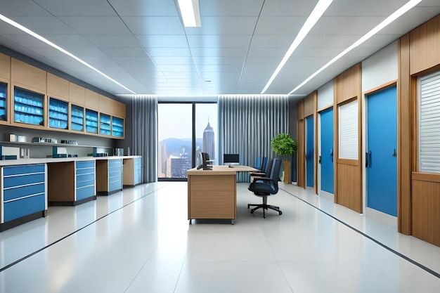 A large office with a blue desk and a white cabinet with a blue door.