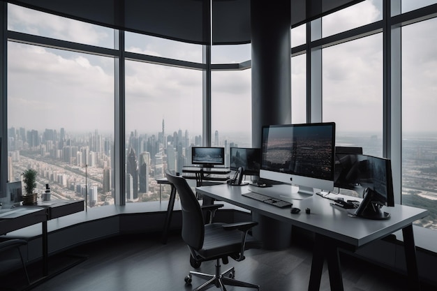 A large office with a large window and a desk with a monitor and a cityscape in the background.