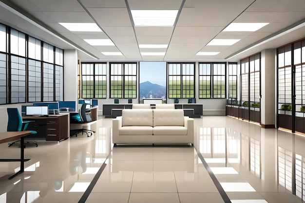 Foto un grande ufficio con una grande finestra e un divano bianco davanti.