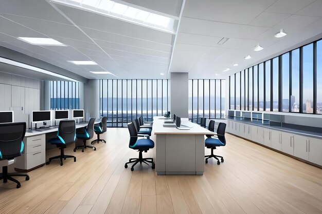 A large office with a large window with a view of the ocean.