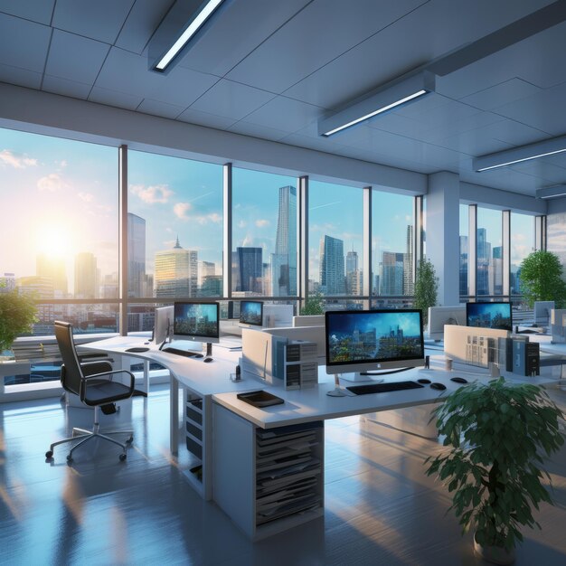 a large office with many computers and a large window