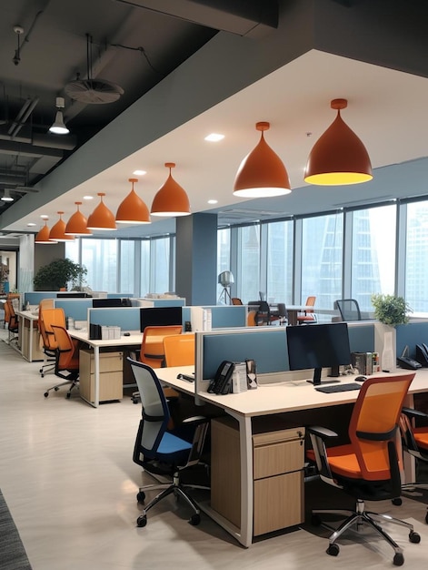 a large office with orange and blue chairs and a desk with a plant in the corner.