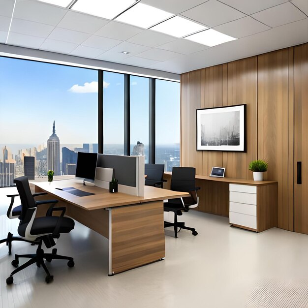 A large office with a picture of the city on the wall