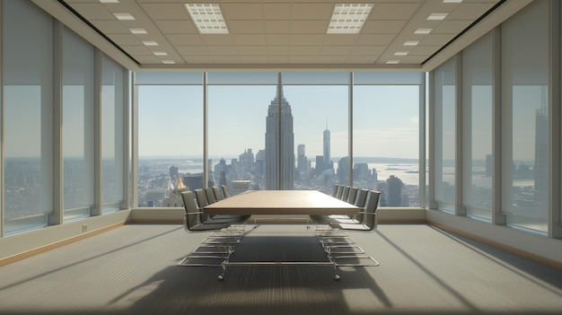 a large office with a view of the city skyline