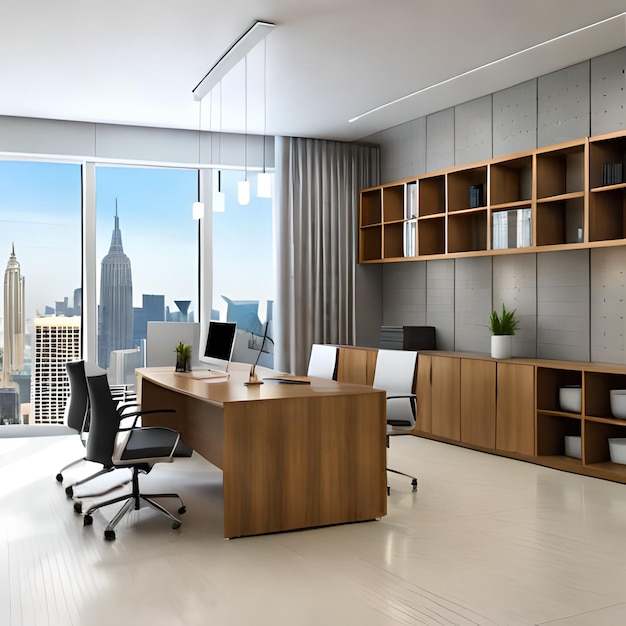 A large office with a view of the city skyline.