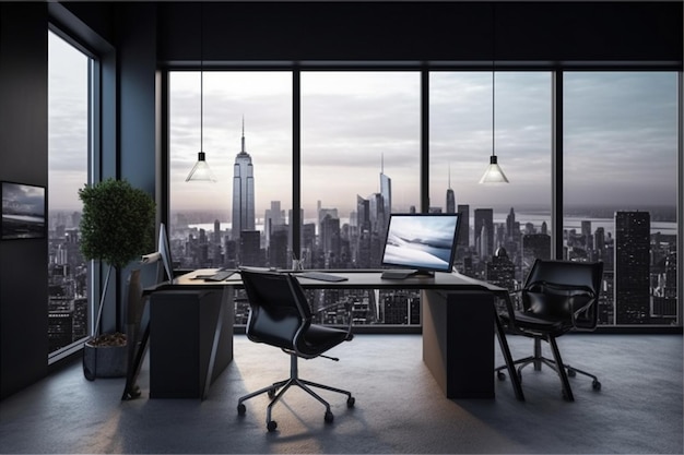 A large office with a view of the city skyline.