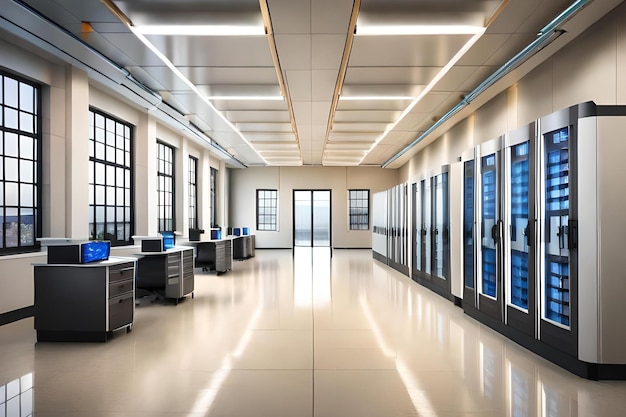 A large office with a white floor and a white ceiling with windows that say's " on the top.