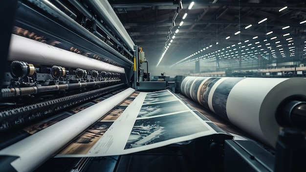 Large offset printing press running a long roll of paper in production line of industrial printer m