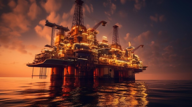 Large Offshore oil rig drilling platform at sunset and beautiful sky Generative Ai