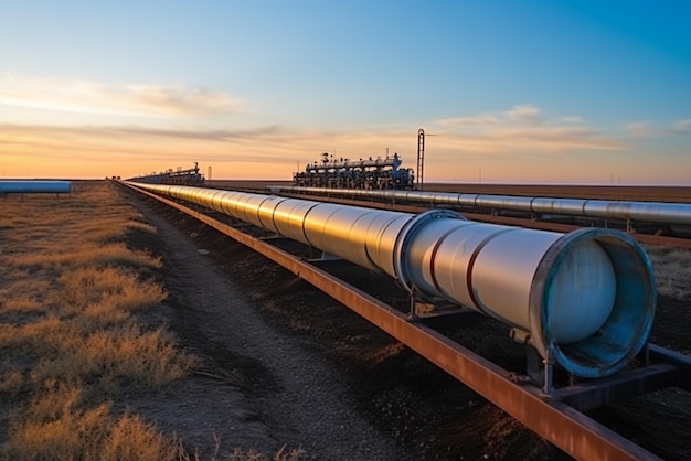 Photo large oil pipeline and gas pipeline in the process of oil refining and the movement of oil and gas