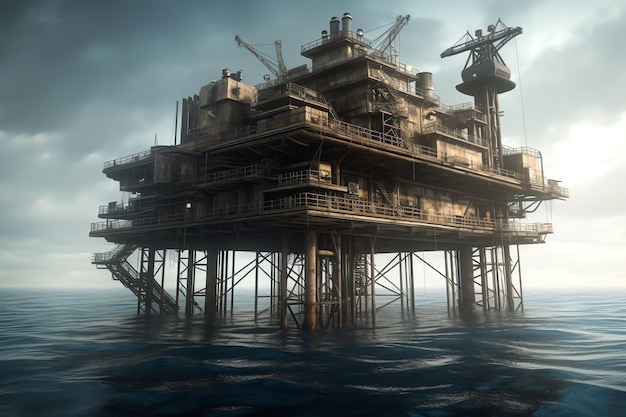 A large oil platform in the ocean with a cloudy sky in the background.