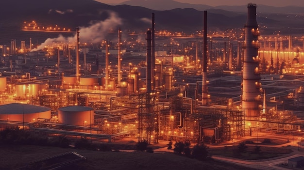 a large oil refinery with mountains in the background.