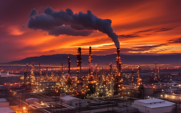 A large oil refinery with smoke coming out of the stacks at sunset.