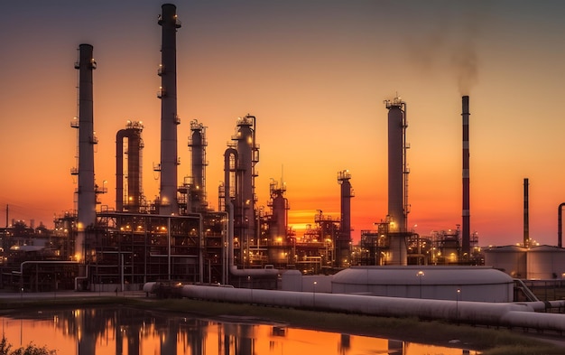 A large oil refinery with a sunset in the background.