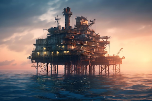 A large oil rig in the ocean with the sun setting behind it.