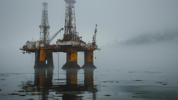 大きな石油井戸が海の真ん中に座っています 水は静かで静かです 空は霧で灰色です