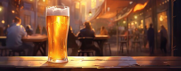 Photo large oktoberfest beer in a mug on a wood table panoramic view generative ai