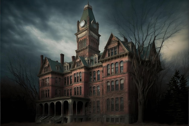 Large old dark orange castle in quality of abandoned asylum