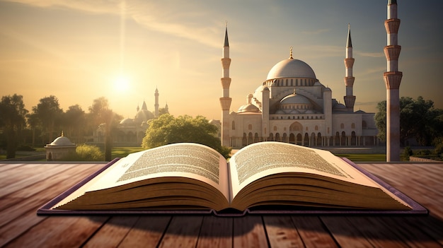 A large open book with a view of the mosque in the back