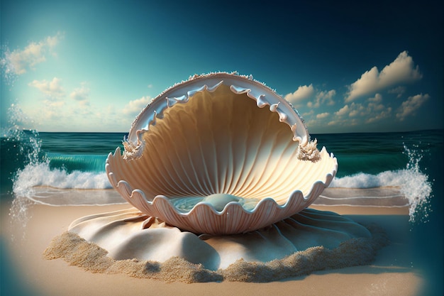 Large open clam shell in middle with ocean background Generative Ai