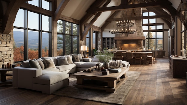 Large open concept great room with fireplace and wooden beams Generative AI