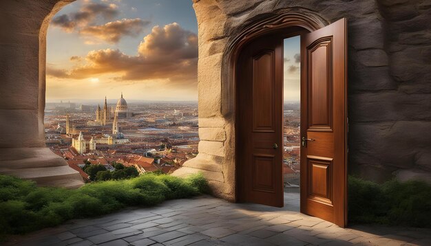 Photo a large open door with a view of the city