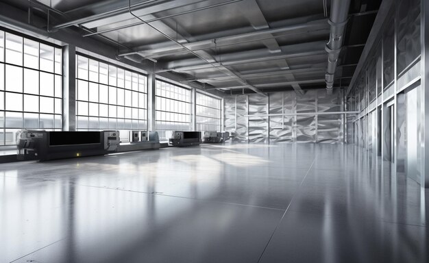 A large open garage with a white floor and windows.