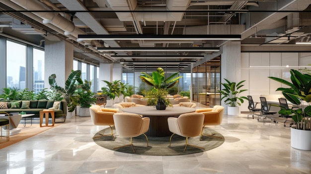 A large open office space with a lot of greenery and a round table in the center
