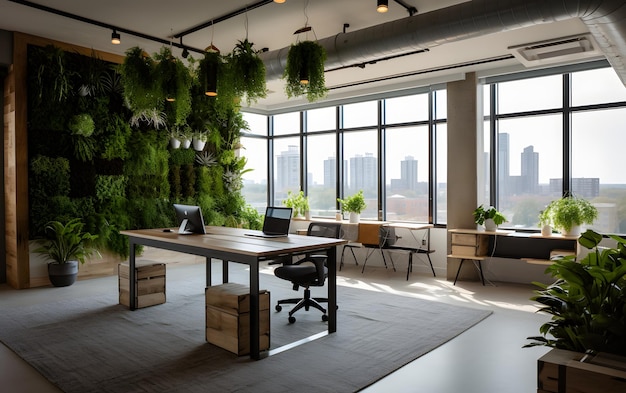 A large open office with a green wall that says'green wall '